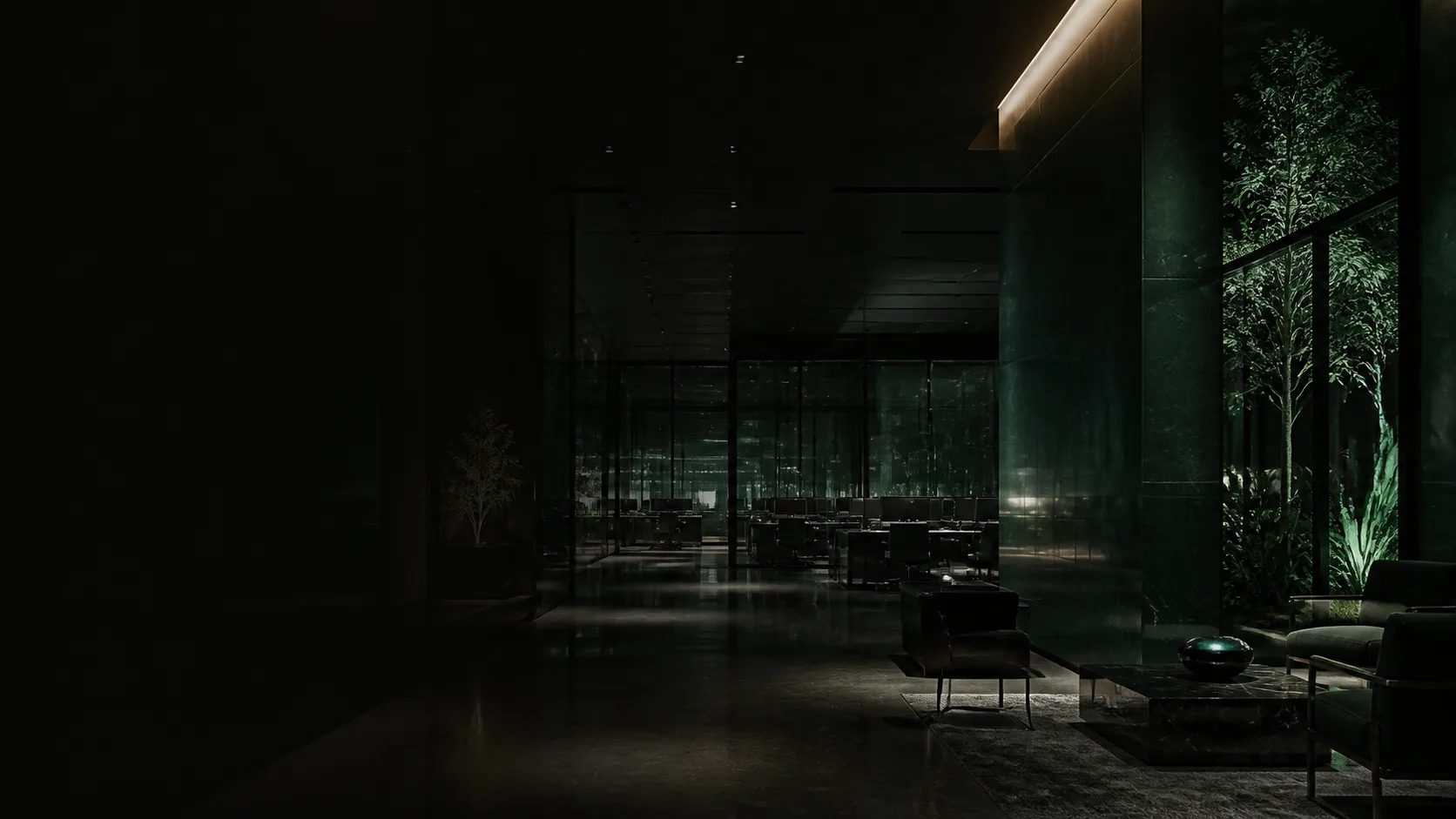 Abstract investment office with green light